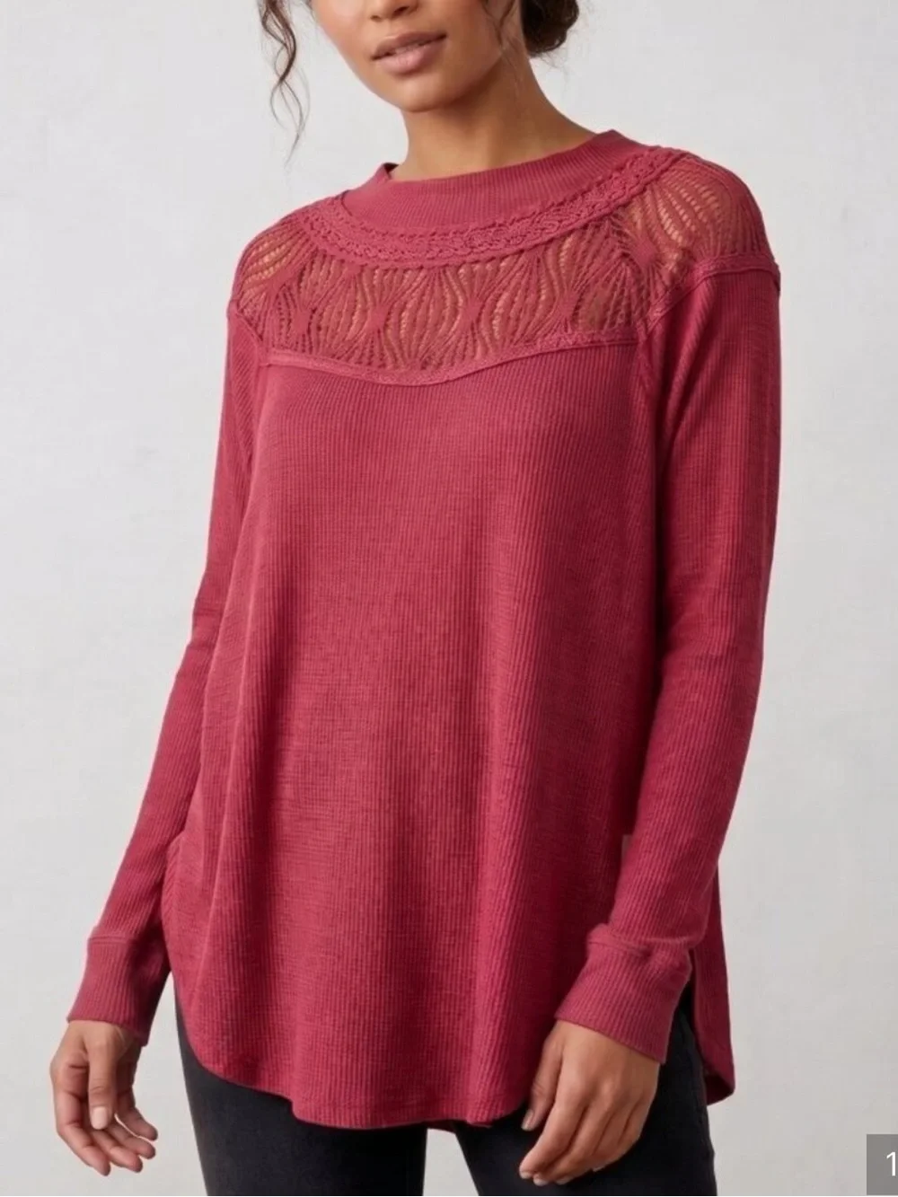 Free People Deep Raspberry Lace Yoke Long Sleeve Top